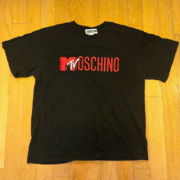 MTV x Moschino H&M Embroidered Logo Black Red T-Shirt Tee Large Designer - Picture 1 of 4
